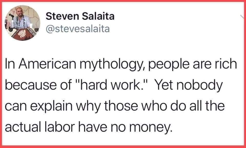 The meme is a humorous commentary on the myth of the American Dream. It begins with a quote from the myth, "In America, anyone can grow up to be whatever they want," and then subverts it with a darkly comedic twist. The text reads: "In America, anyone can grow up to be a Walmart employee."